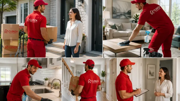 Clenza home cleaner helping a homeowner with moving boxes inside a clean modern home in Guelph