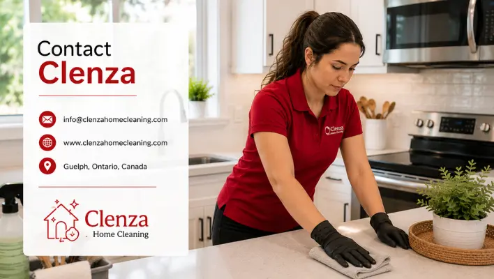 Clenza Home Cleaning professional cleaning a modern kitchen with company contact information displayed.