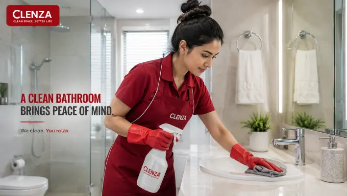 Cleaner dusting bathroom surfaces and removing cobwebs before deep cleaning.