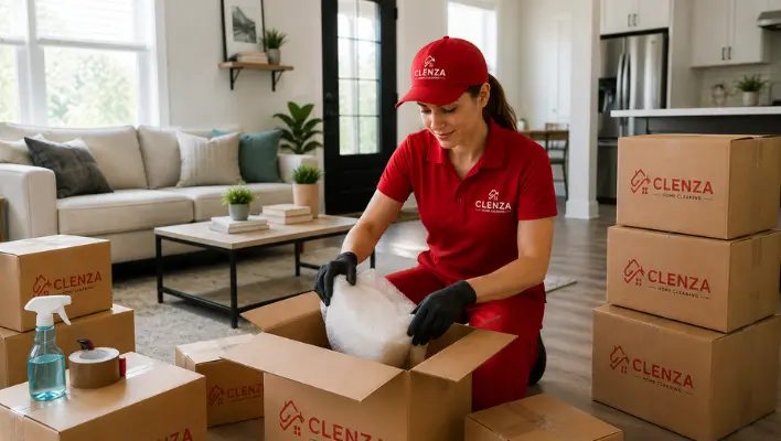 Female Clenza cleaner packing moving boxes inside a modern home during move out cleaning service in Guelph