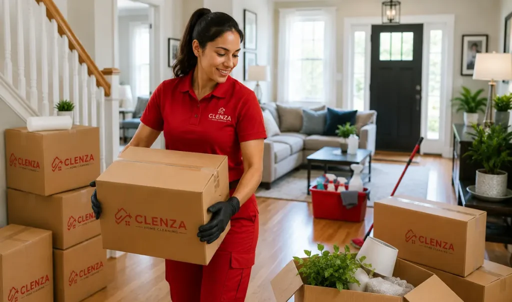 Professional female Clenza cleaner organizing moving boxes inside a bright modern home before move out cleaning in Guelph