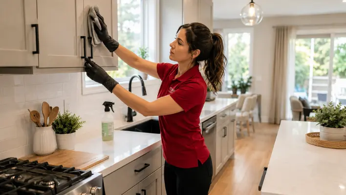 A competent home cleaner is wiping upper kitchen cabinets to remove grease and dust during a detailed kitchen deep clean.