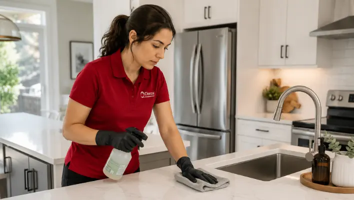 House cleaner sanitizing a kitchen countertop in a bright modern home as part of a professional kitchen cleaning service.