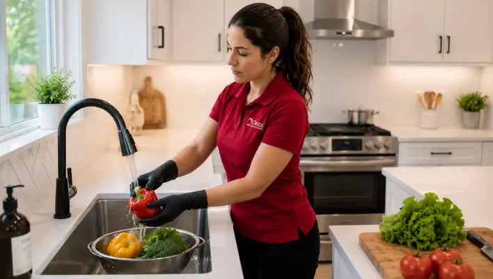 Professional cleaner washing fresh vegetables in a spotless modern kitchen before food preparation.