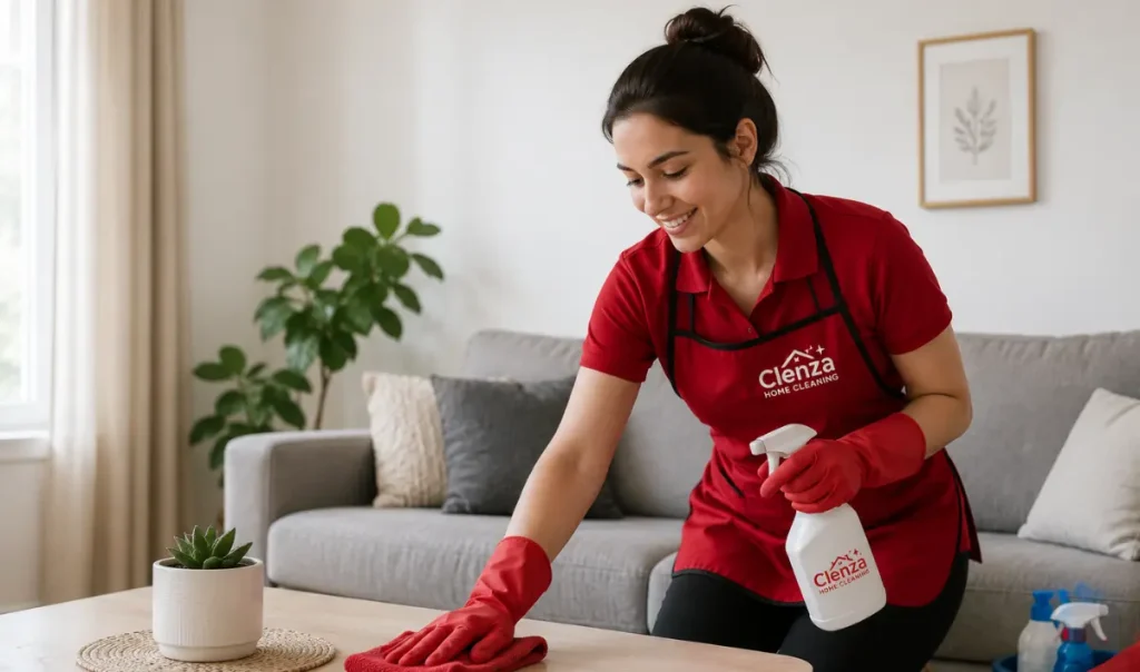 The cleaner cleans the table inside home