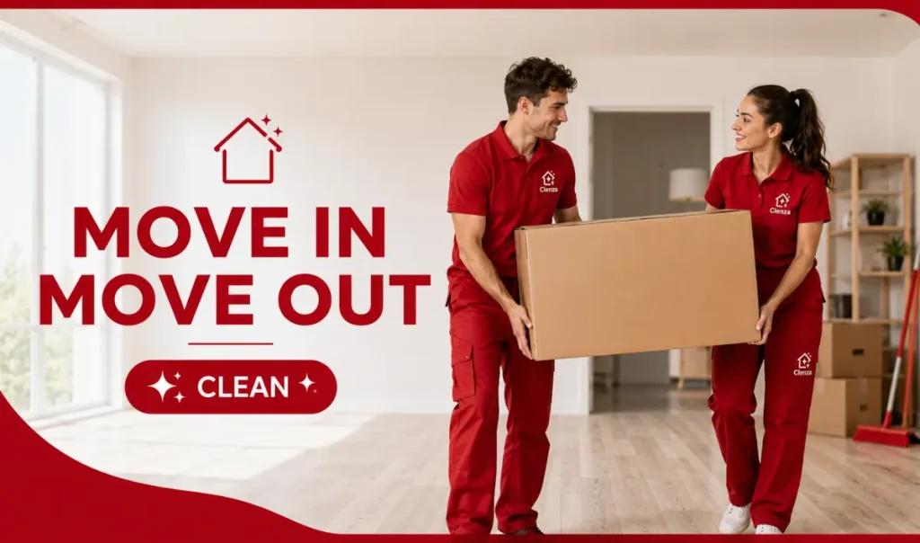 Professional movein and move out cleaning team carrying a moving box inside a clean home in Guelph