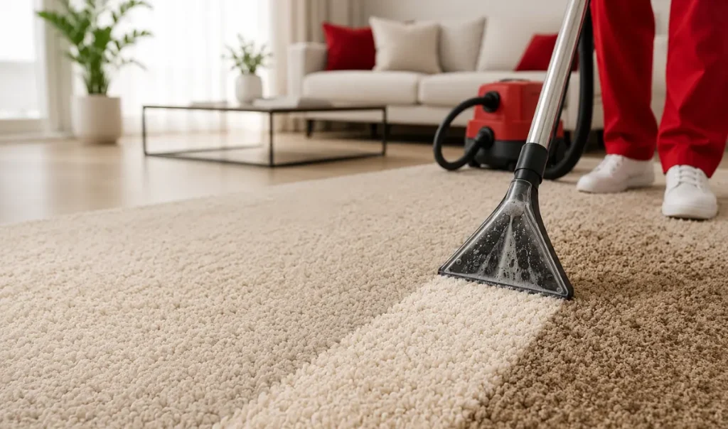 Professional carpet cleaning in a modern Guelph home using deep cleaning equipment.
