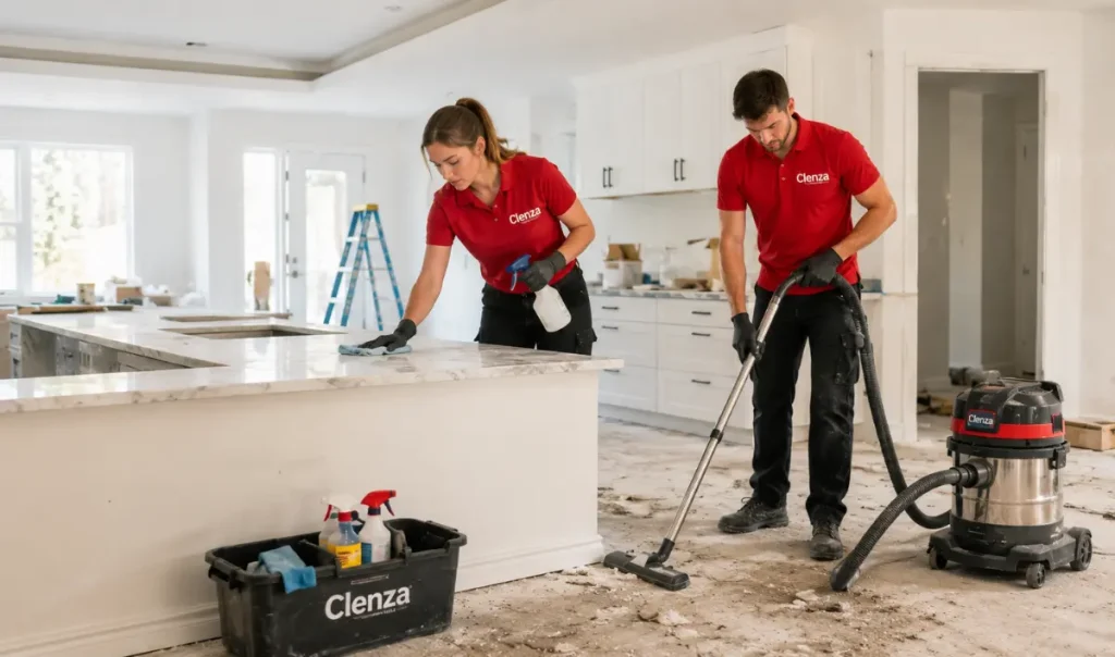 Top notch cleaners performing post construction cleaning in a newly built home