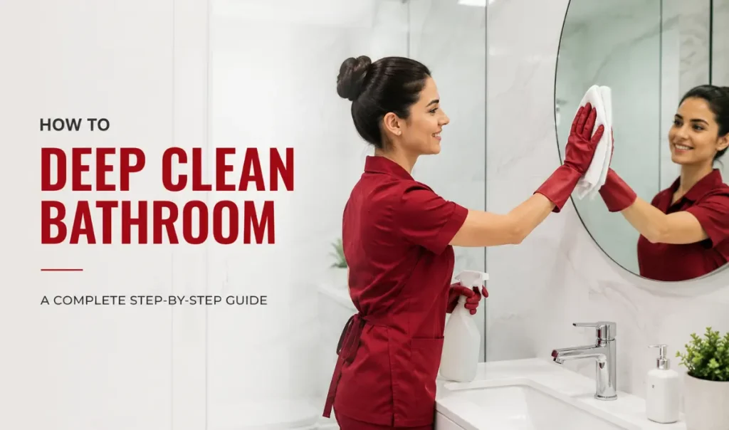 Professional cleaner deep cleaning a modern bathroom with complete cleaning supplies.