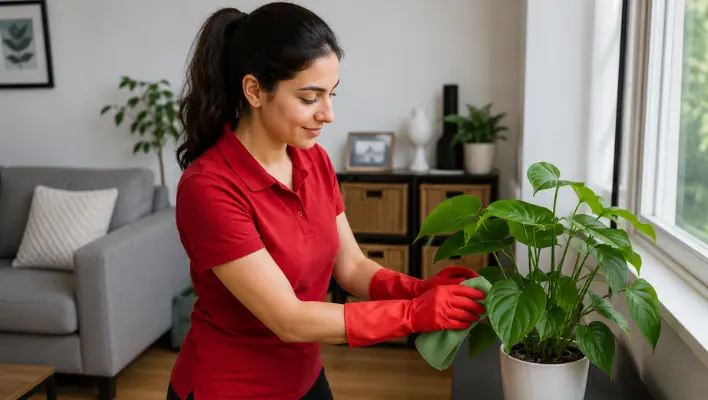 Gently removing dust from green indoor plant leaves