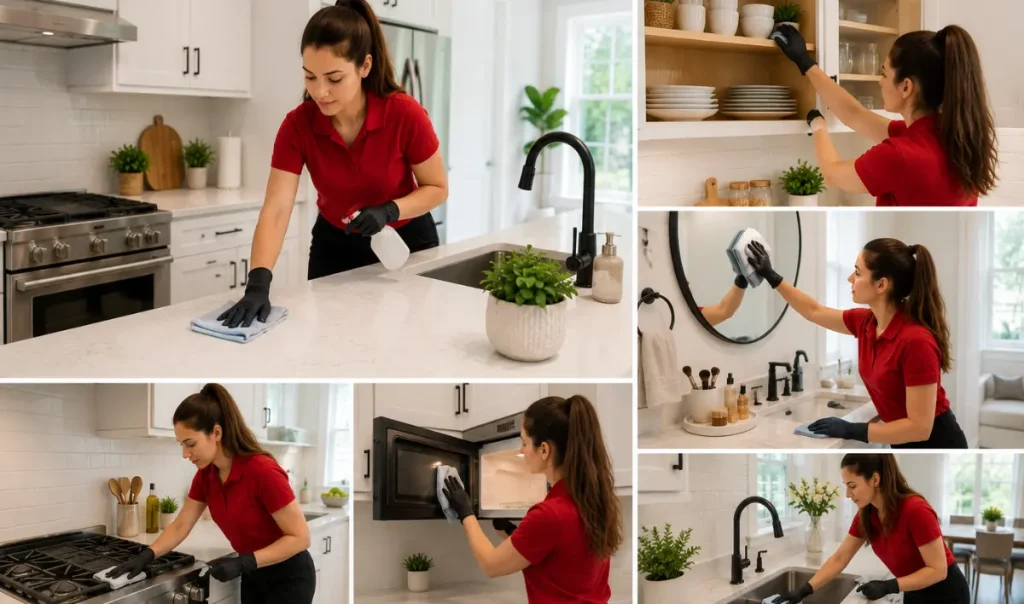 cleaner wiping a kitchen countertop during a recurring home cleaning service in Guelph