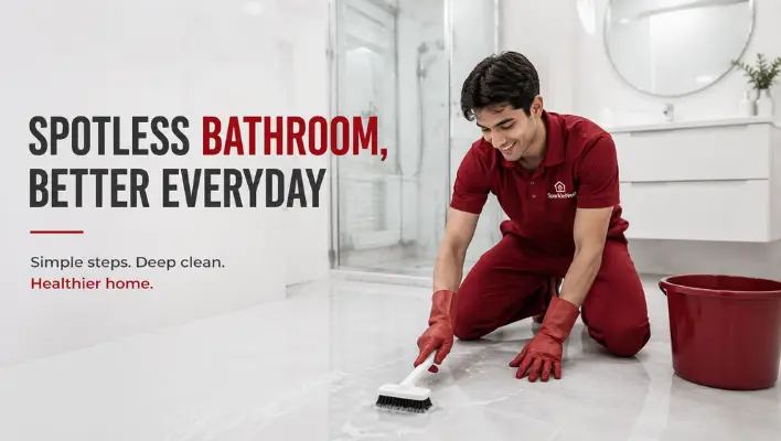 A competent cleaner is mopping the bathroom floor for a hygienic finish.