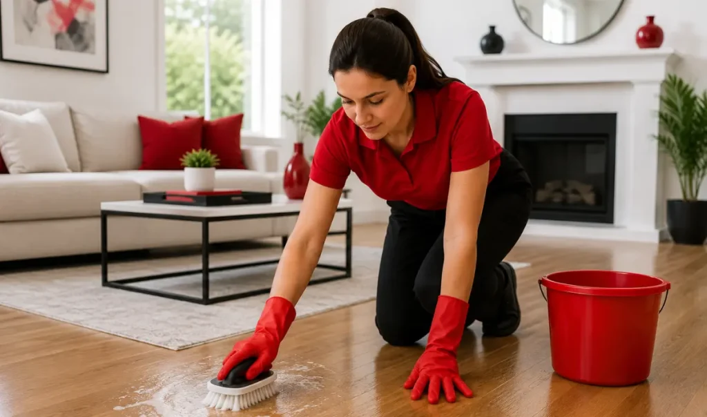 Clenza cleaner scrubbing hardwood floors as part of a one time cleaning service in Guelph home.