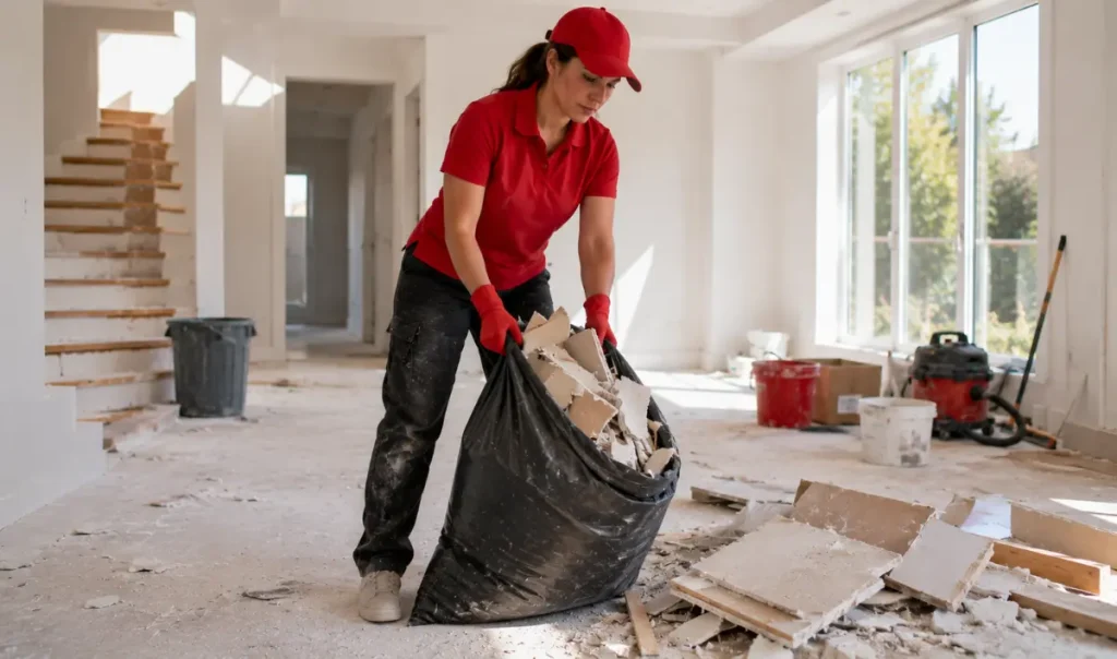 Clenza cleaning professional carrying a heavy bag filled with drywall pieces and renovation debris after a home construction project in Guelph.