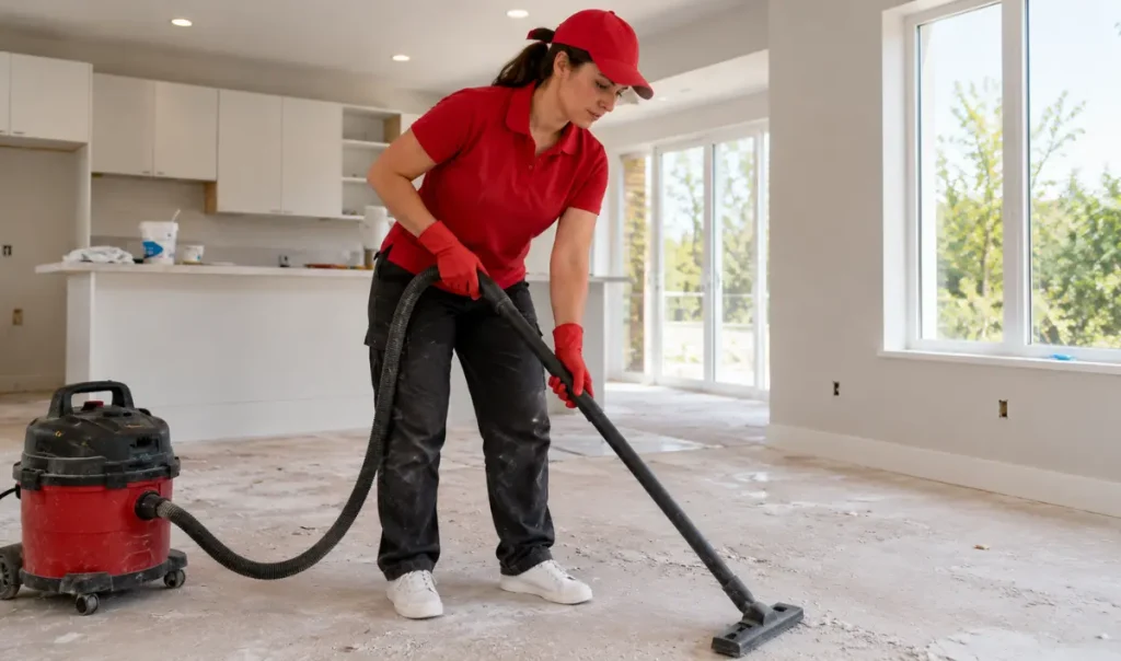 Clenza cleaning professional removing fine construction dust from a newly renovated home in Guelph before the property is move in ready.