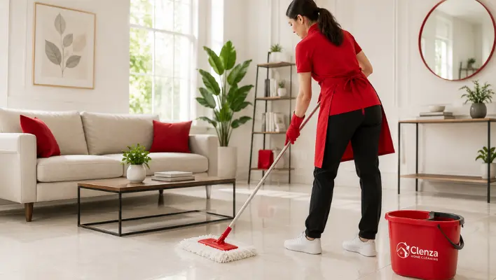 Professional cleaner disinfecting a residential bathroom with eco-friendly cleaning products.