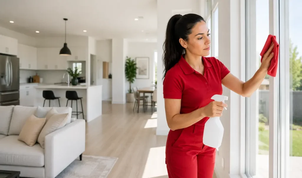 Professional cleaner washing large living room windows to keep the home bright and spotless in Guelph