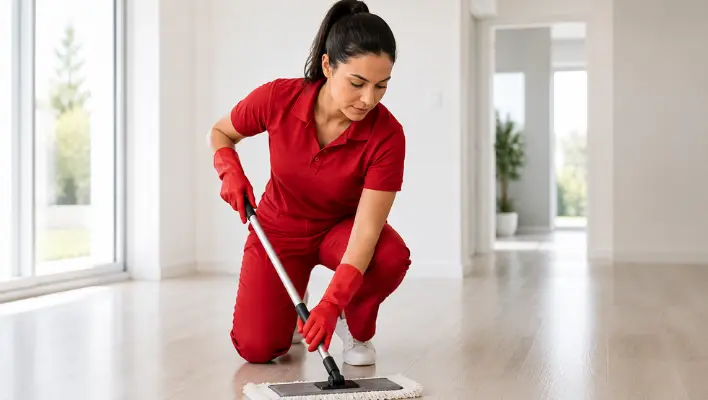 House cleaning professional mopping hardwood floors in a clean and spacious open concept home