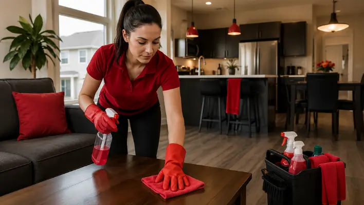 House cleaner cleaning a living room table to keep the home neat and organized