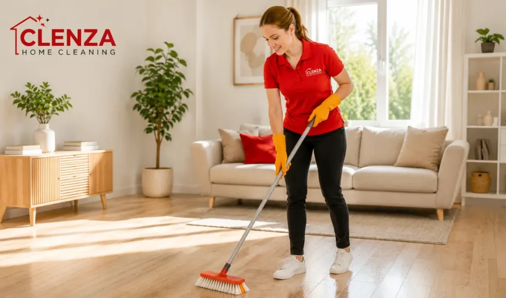 Experienced house cleaner scrubbing hardwood flooring with a floor brush as part of a professional home cleaning service in Guelph.