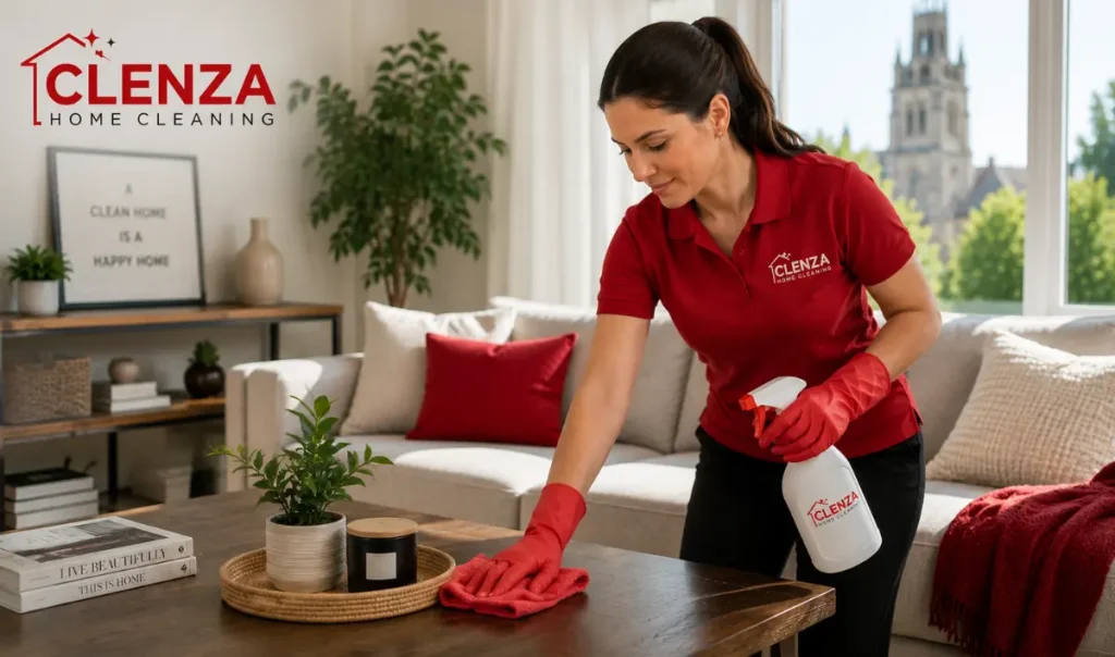 Professional home cleaner wiping a wooden coffee table inside a modern Guelph living room during a detailed residential cleaning service