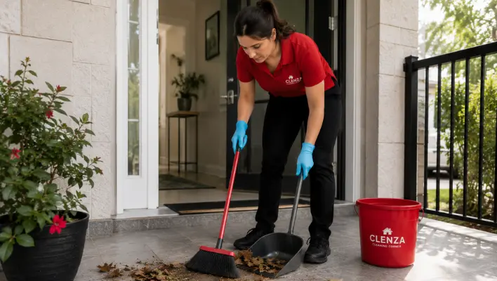 A house cleaner is removing leaves and outdoor debris from a front porch as part of a complete spring cleaning service.
