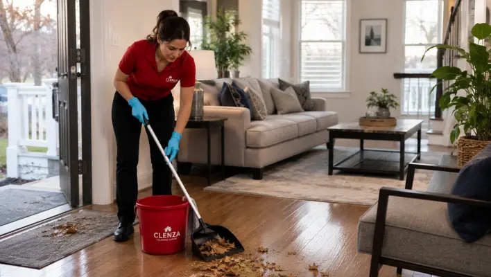 Cleaner collecting leaves and dirt into a bucket while refreshing a home's hallway during seasonal cleaning.