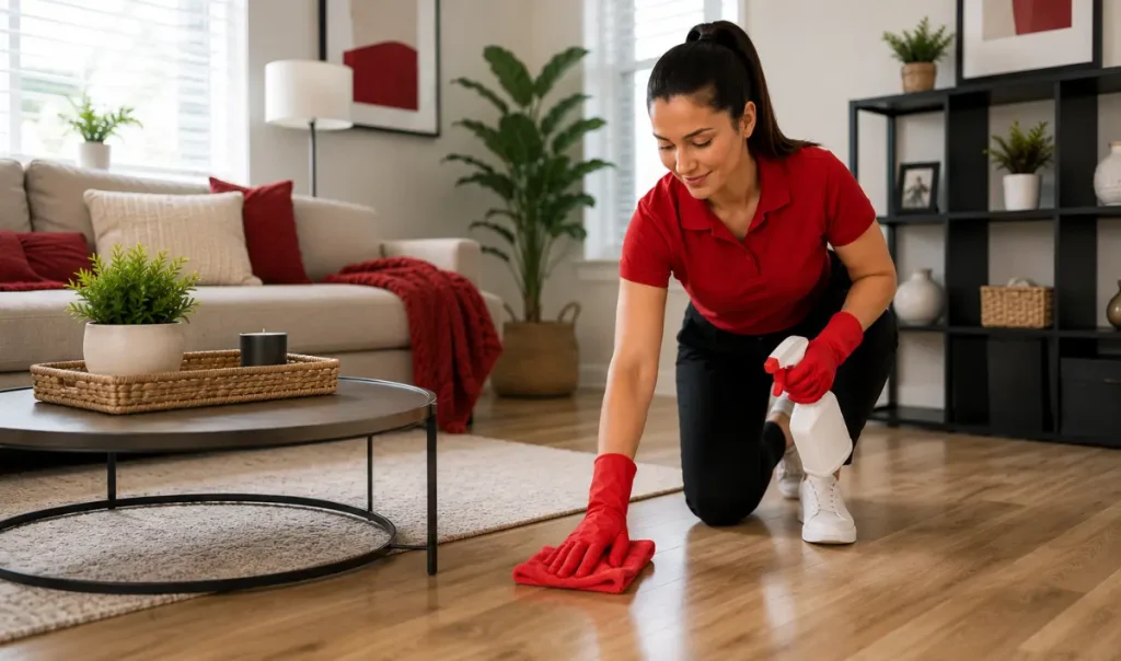 Professional cleaner wiping hardwood flooring as part of a complete home cleaning service in Guelph