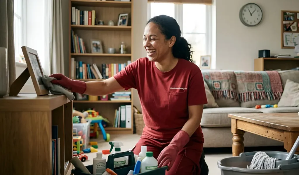 Professional cleaner tidying a bright living room in a Guelph home