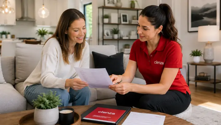 Friendly consultation between a Clenza Home Cleaning specialist and a homeowner reviewing a house cleaning quote