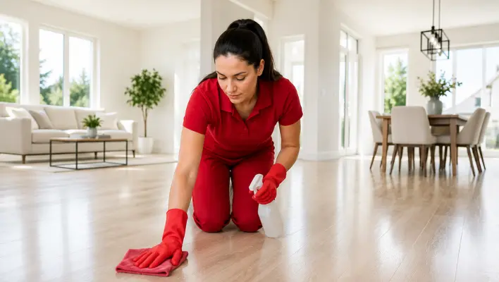 Hardwood floor being cleaned by an experienced house cleaner in a bright open living area