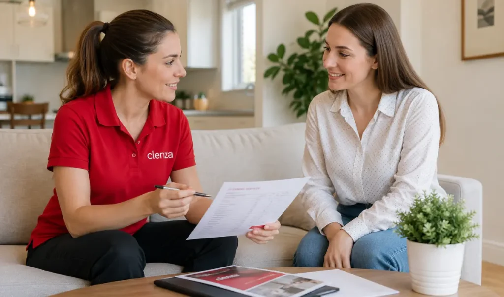 Clenza Home Cleaning representative discussing a house cleaning estimate with a homeowner in Guelph