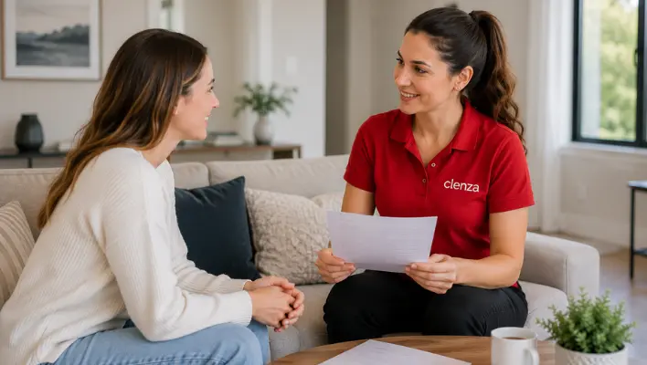 Clenza Home Cleaning representative discussing a house cleaning estimate with a homeowner in Guelph