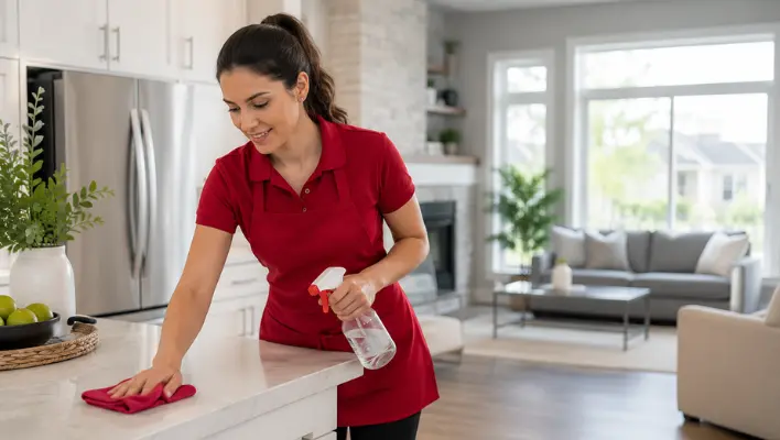 Female cleaner wiping kitchen cabinets and countertops after a home renovation in Guelph
