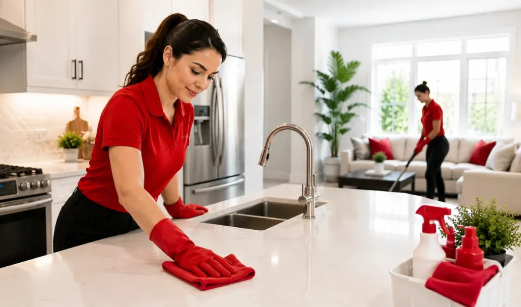 Professional cleaner sanitizing a modern kitchen countertop during a complete home cleaning service in Guelph