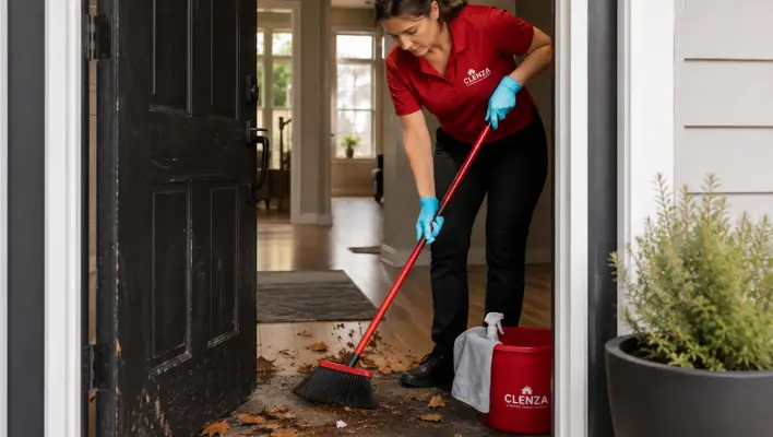 House cleaner sweeping dried leaves and seasonal debris from the front entrance during a spring home cleaning visit.