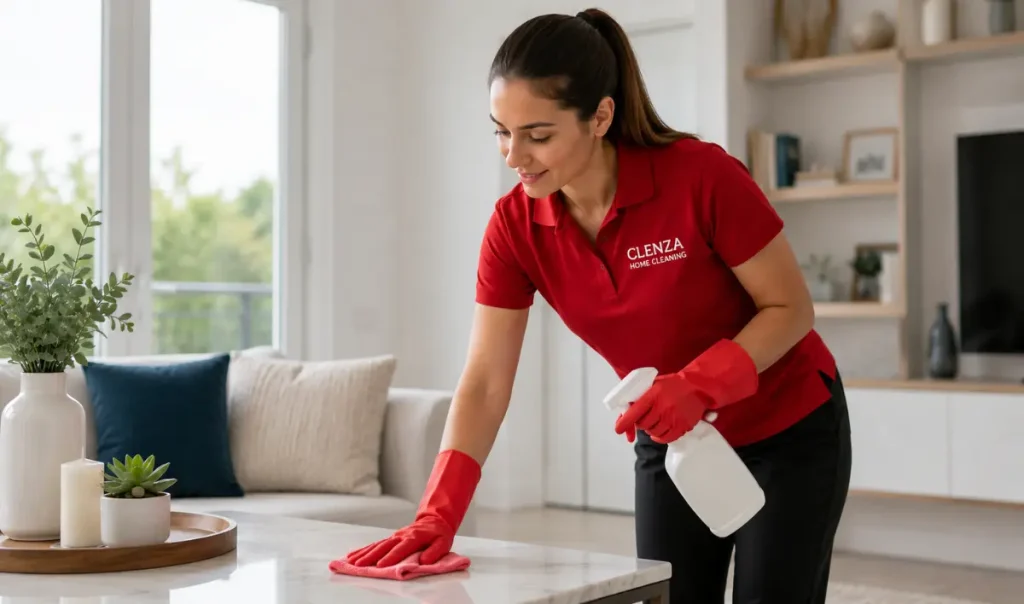 professional cleaner using cleaning products while cleaning a modern bathroom