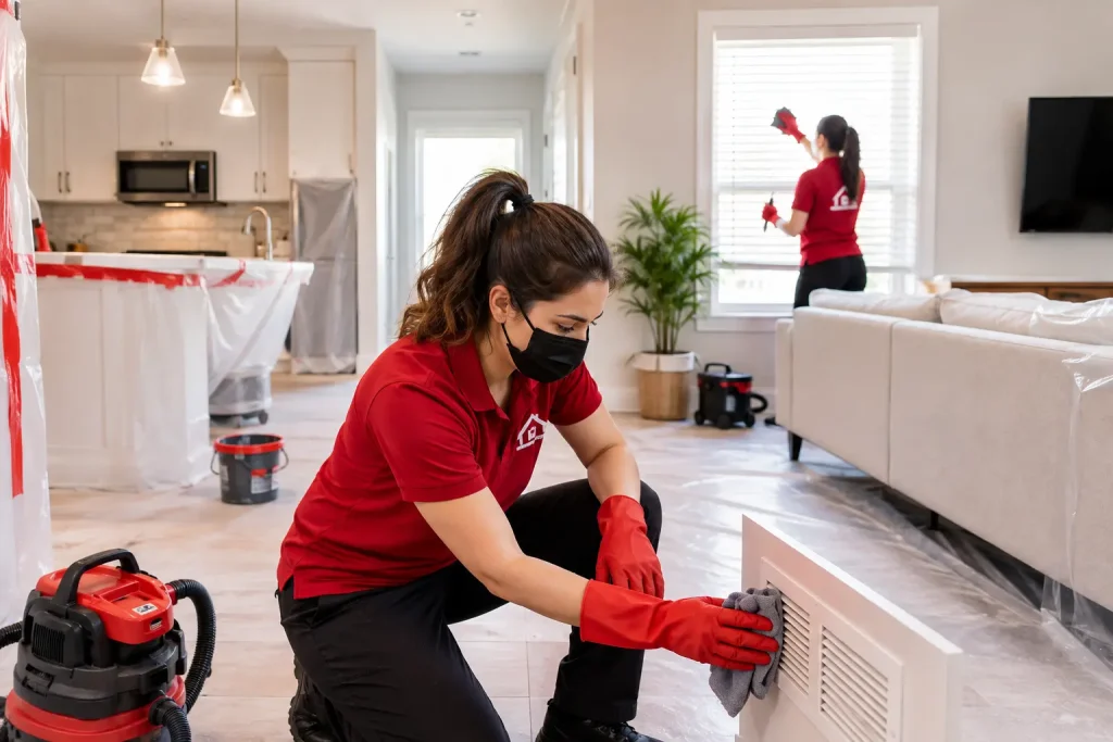 Cleaner removing construction dust and renovation debris from a newly remodeled kitchen in Guelph.