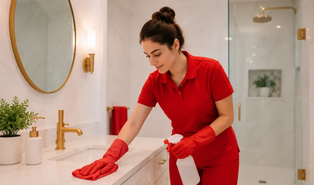 Cleaning professional carefully wiping a modern bathroom