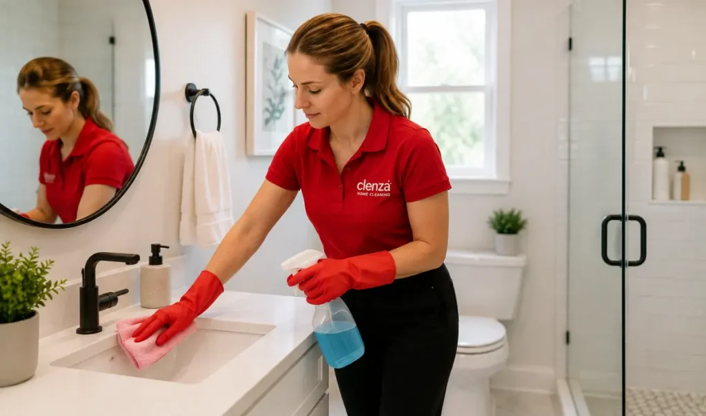 Cleaner sanitizing a bathroom vanity and sink as part of a regular home cleaning service