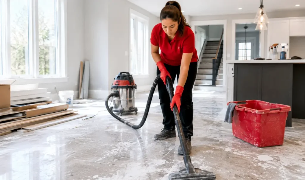 Worker carefully removing renovation dust from flooring and furniture inside a newly finished living room before homeowner occupancy