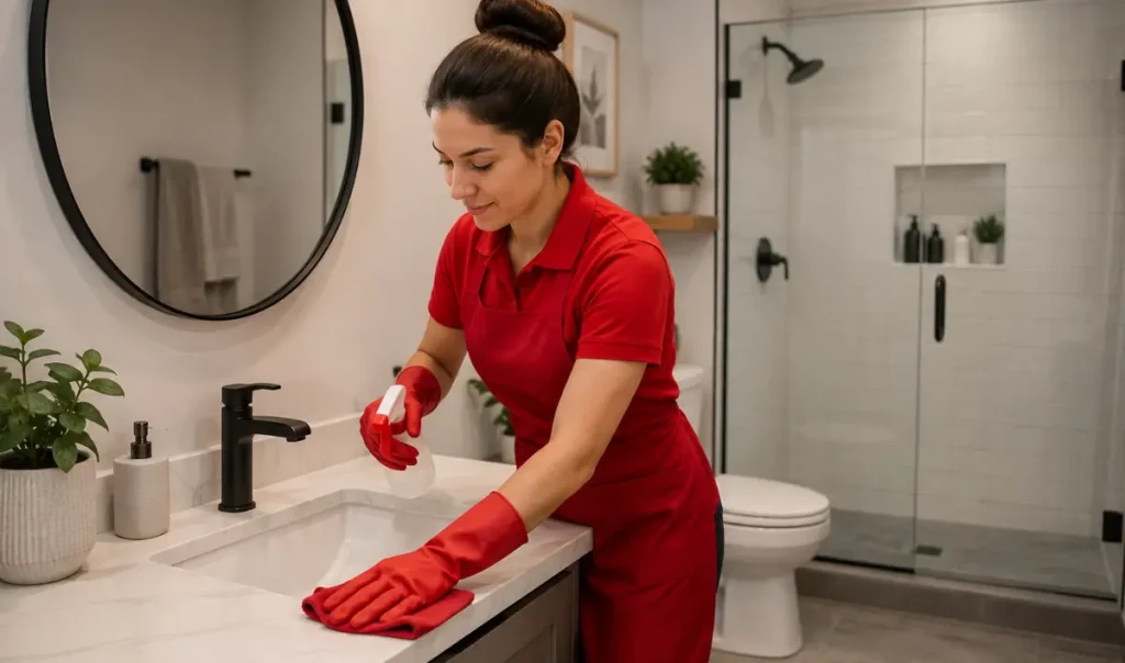 Professional cleaner wiping a bathroom counter during a detailed home cleaning service in Guelph