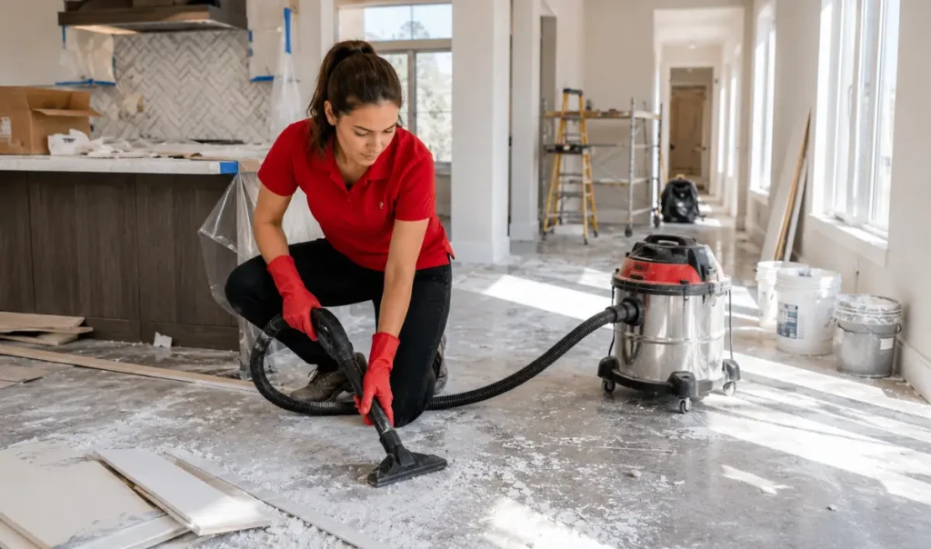 Professional removing plaster dust, broken materials, and renovation waste from a residential garage after building work is completed