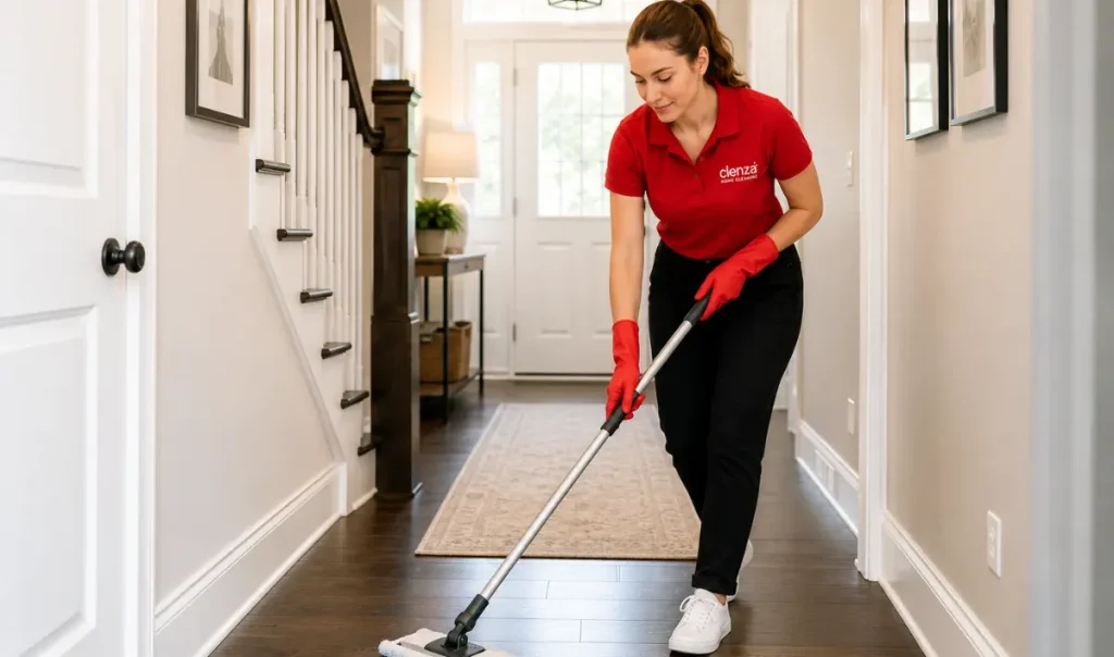 Cleaner mopping a hardwood hallway in a bright residential interior