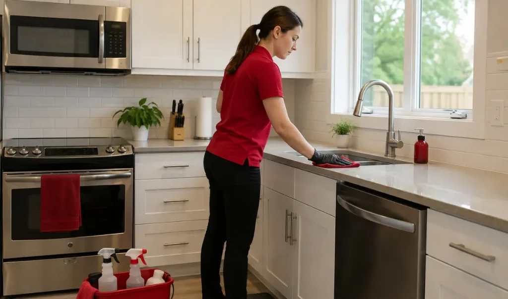 Professional cleaner wiping a modern kitchen countertop in a Guelph home.