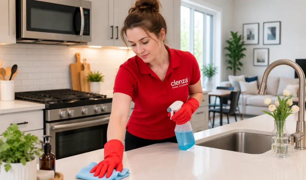 House cleaner wiping a white kitchen countertop during a routine home cleaning visit