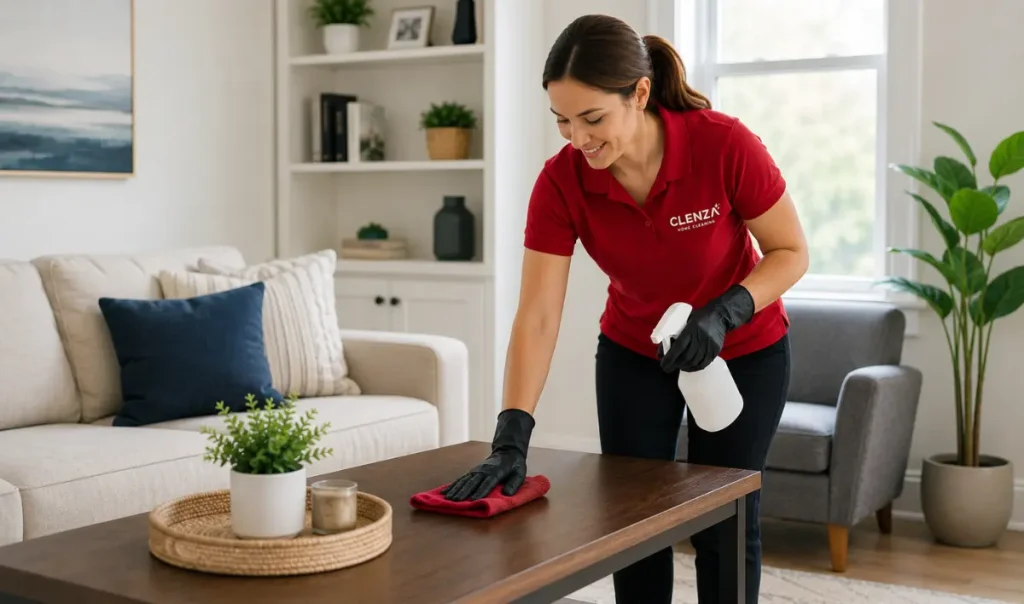 House cleaner wiping a wooden coffee table in a bright and spotless modern living room.