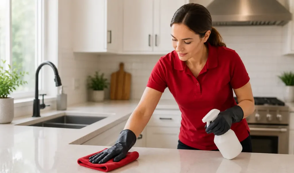 Professional home cleaner disinfecting a modern white kitchen countertop with a microfiber cloth and spray bottle.