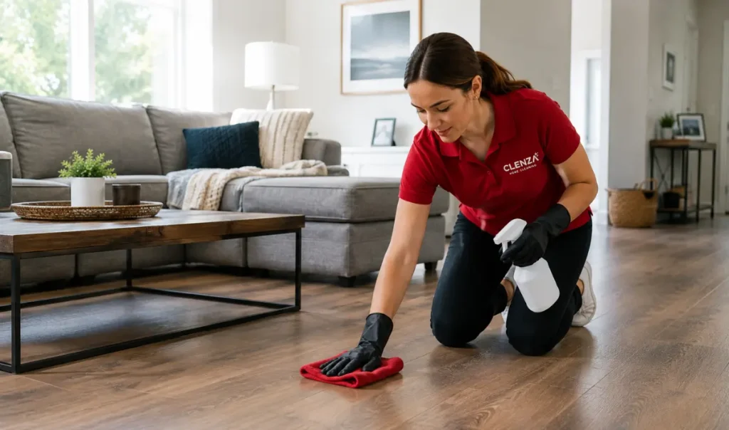 Professional residential cleaner performing detailed home cleaning in a bright, modern living space with spotless finishes.