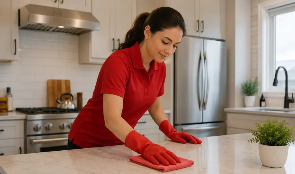 Professional cleaner wiping a kitchen counter during a home cleaning service in Guelph